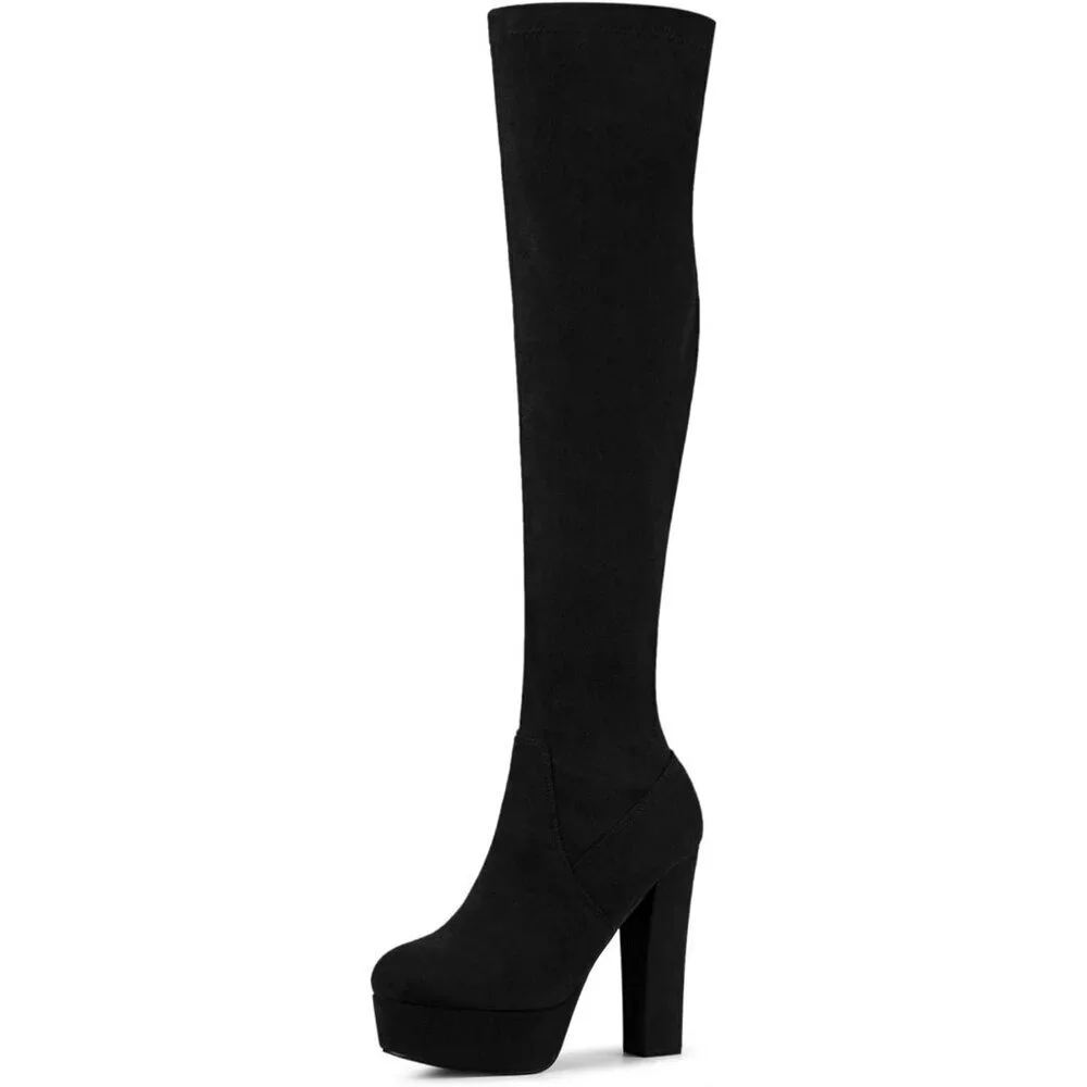 Women Black Suede Chunky Heel Rounded Toe Over the Knee Thigh High Long Boots